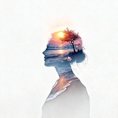 The primary subject of the image is a woman's head, which is the main focus of the image. The setting is a beach, with the ocean visible in the background. The visual style is a combination of a photo and digital art, creating a unique and artistic representation of the woman's head. The colors and mood of the image are predominantly warm and calming, with the sun shining on the beach and the ocean providing a serene backdrop.